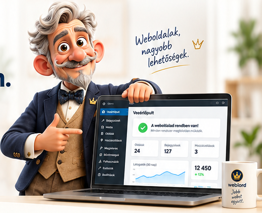 A Weblord szakértője egy WordPress vezérlőpultot mutató laptop mellett